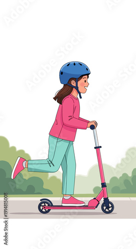 Happy Young Girl Riding Kick Scooter Outdoors with Safety Helmet. Cute Child Playing, Active Fun, Childhood Leisure. Flat Vector Illustration.