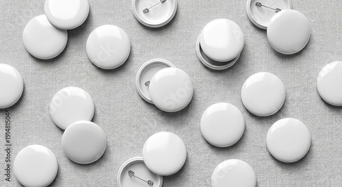 Blank White Button Badge Mockup Set on Textured Fabric Background