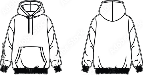 White hoodie with hood and pocket front and back view flat fashion illustration vector