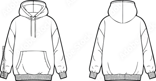 White hoodie with hood and pocket front and back view flat fashion illustration vector
