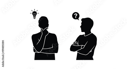 Two men in silhouette contemplate a lightbulb and question mark on transparent background high quality professional detailed modern elegant stylish clean