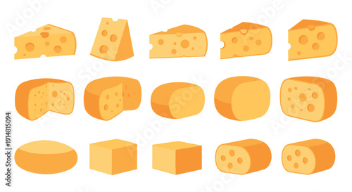 Cheese slices and blocks icon set with different shapes and textures in flat food vector illustration