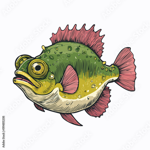 Illustration of a Piranha Fish with Sharp Fins and Scales in a Detailed Drawing