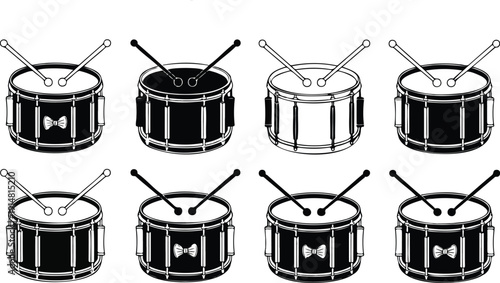 Black and white snare drums with drumsticks illustrations set isolated on white background