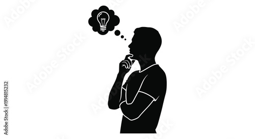 A black silhouette of a man thinking with a lightbulb in a thought bubble on transparent background silhouette high quality professional