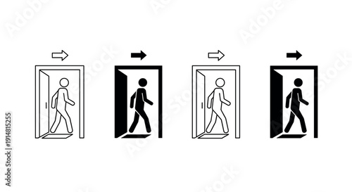 Exit door direction icon set with walking person symbols in outline and solid black styles safety vector illustration