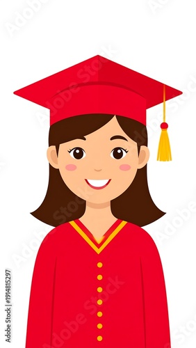 Smiling young woman in red graduation cap and gown, front-facing with brown hair