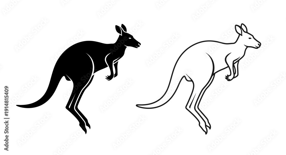 Fototapeta premium Two kangaroo silhouettes in black and white on a white background, vector illustration Vector