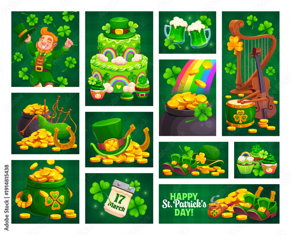 Fototapeta St Patrick's day holiday collage or banners. Saint Patrick day celebration, Ireland holiday greeting card or banner with golden coins, cake, musical instruments and leprechaun hat, shoes, smoking pipe