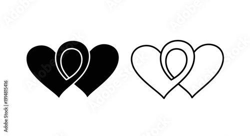 Two hearts intertwined, love symbol, minimalist design, black and white Vector