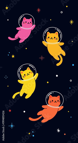 Cute Astronaut Cats in Space. Seamless Pattern Background of Colorful Kawaii Kittens Floating Among Stars and Planets.