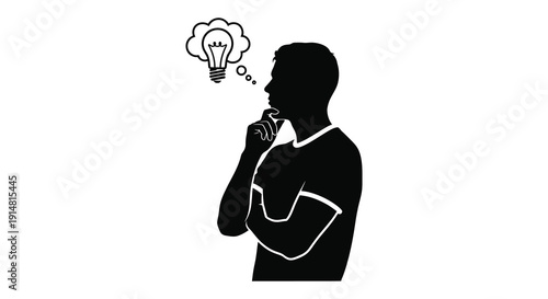 A black silhouette of a man thinking with a lightbulb above his head on transparent background high quality professional detailed modern