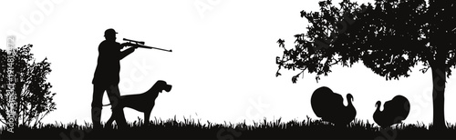 Hunting Silhouette of a Hunter with Rifle and Pointer Dog Aiming at Wild Turkeys Under a Tree in the Field
