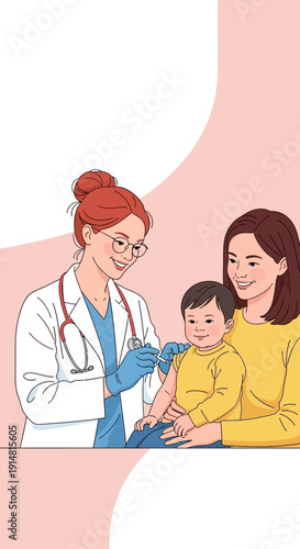 Child Vaccination Illustration: Doctor Giving Injection to Baby Boy Held by Mother in Pediatric Clinic