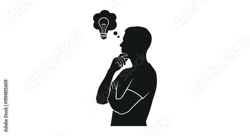 A black silhouette of a thinking man with a lightbulb above his head on transparent background silhouette high quality professional detailed