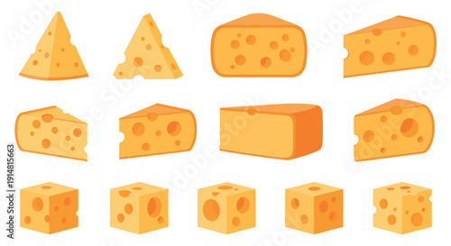Cheese variety icon set with different shapes and holes in flat cartoon style food vector illustration