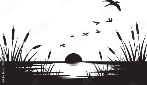 silhouette of a pond with reeds