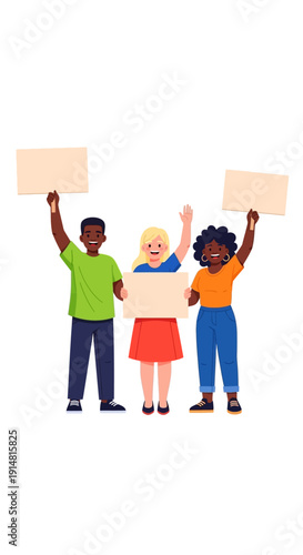 Diverse activists holding blank protest signs. Youth, unity, and demonstration concept. Isolated vector illustration.