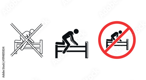 Hospital bed usage prohibition icon set with patient actions and no sitting warning symbols flat vector illustration