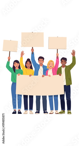 Diverse group of young activists demonstrating, holding empty protest placards and a large blank banner for text. Vector illustration.