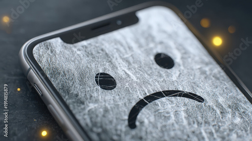 Cyberbullying concept with cracked phone screen and sad reflection