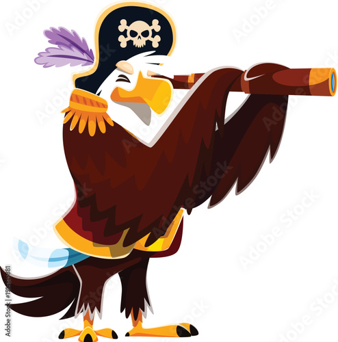 Cartoon vector eagle bird pirate character holding a wooden long spyglass and searching the seas. Corsair uniform with golden shoulder pads and a feathered tricorn hat. Funny eagle pirate personage