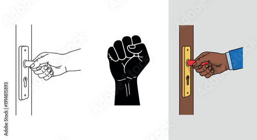 Hand opening door icon set with handle interaction gesture symbols in outline black and color vector illustration
