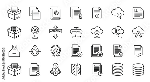 Cloud computing and file management line icon set with storage, upload, download, database, server, and document symbols