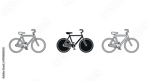 Bicycle icon set in outline, solid, and colored styles for transportation, cycling, fitness, and urban mobility design