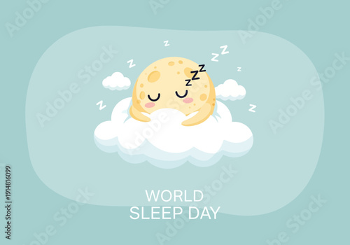 Sleepy moon character resting on fluffy white clouds at night