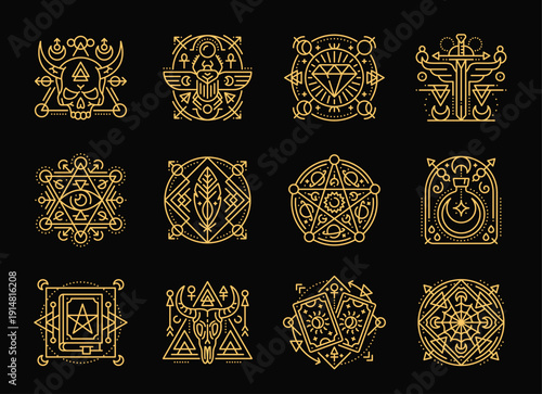 Esoteric tarot card line symbols, mystic boho tattoo. Vector set of magical occult alchemy spirituality elements or sacred patterns with pentagram, skull, moon, eye, potion, gemstone, sword, sun, book