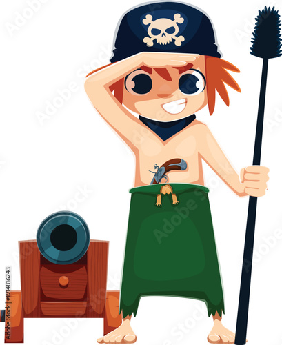 Cartoon kid corsair pirate character with cannon and cannonball pusher looking on distance. Vector brave gunner child personage in playful party costume and bandana ready for adventure and sea battle