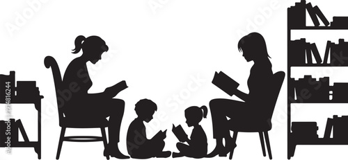 Silhouette of family reading books in a library setting