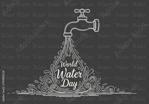 World water day logo with faucet and water droplets on dark background