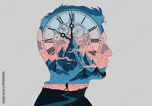 A surreal illustration of a mans head with a clock face