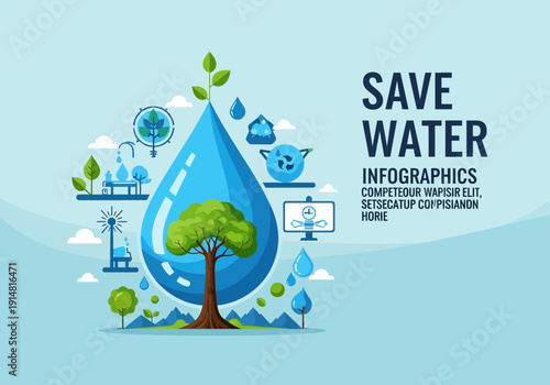 Save water infographic with water droplet and tree on blue background