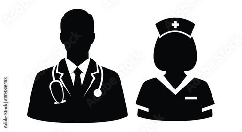 A black silhouette of a doctor and nurse stands side by side representing healthcare professionals on transparent background high quality professional detailed modern
