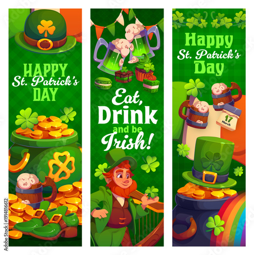 Happy St Patrick day banners set. Vector festive vertical greeting cards with cheerful cartoon leprechaun, top hat, pot of gold, clover, shoes, mug and cupcakes on green backgrounds with lucky symbols