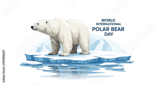 Illustration of a polar bear standing on a melting ice floe with a cub, symbolizing World International Polar Bear Day in a serene Arctic landscape.