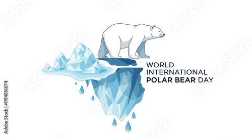 Illustration of a polar bear on melting ice for World International Polar Bear Day with arctic elements.