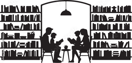 Silhouette of people reading books in a library with shelves