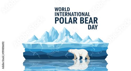 Illustration of a polar bear on melting sea ice for World International Polar Bear Day with a vector icon style.