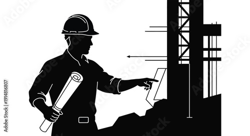 A black silhouette of a construction worker holding plans and pointing ideal for design projects on transparent background silhouette high quality