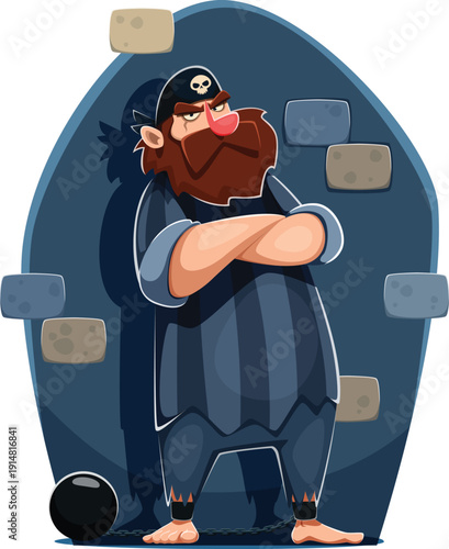 Brave corsair and pirate sailors, captain and skipper, boatswain and gunner cartoon character. Vector pirate character in gray striped prisoner garb, with shackles on his feet, bandana with skull