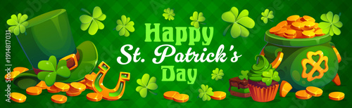 Happy St Patrick day banner. Festive cartoon greetings with leprechaun hat, gold coins, clovers, cupcakes, horseshoe and pot of gold on vibrant green background emphasizes luck and Irish celebration