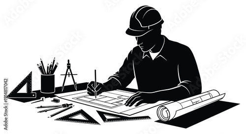 A detailed black silhouette of an architect working at a desk with tools on transparent background high quality professional modern elegant