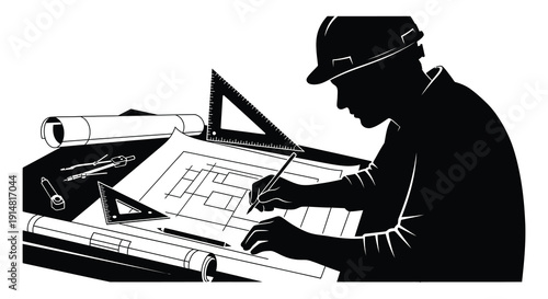 A black silhouette of an architect working at a desk with blueprints on transparent background high quality professional detailed modern elegant