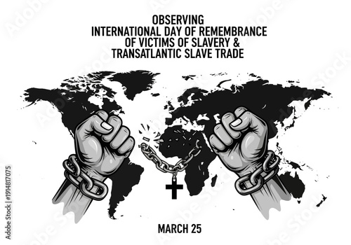 Fists breaking chains on a world map for international day of remembrance