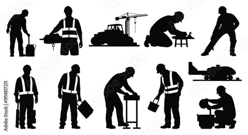 A collection of black silhouettes depicting construction workers in various poses on transparent background high quality professional detailed modern elegant stylish