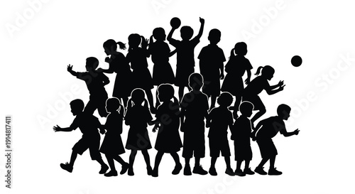 A lively group of children playing jumping and interacting with balls presented as a dark silhouette on transparent background high quality